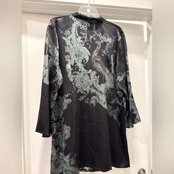 CITRON Santa Monica 1x Silk Black Button-Front Top Sage Peacock Print - Picture 9 of 11
